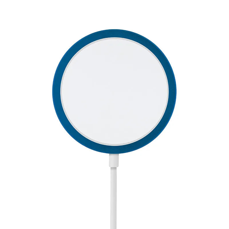 Metal magnetic wireless charger for iPhone 12 and 13 series in silver, black, blue, or red colours with USB cable