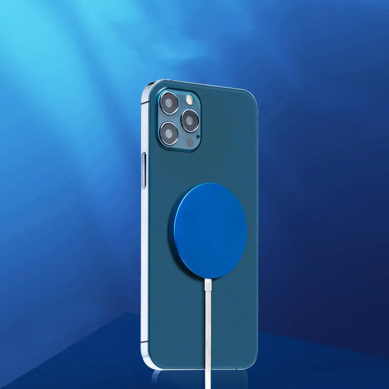 Metal magnetic wireless charger for iPhone 12 and 13 series in silver, black, blue, or red colours with USB cable