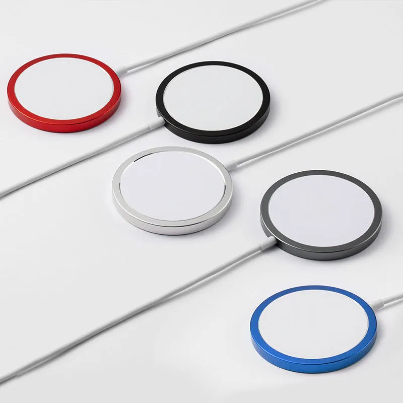Metal magnetic wireless charger for iPhone 12 and 13 series in silver, black, blue, or red colours with USB cable