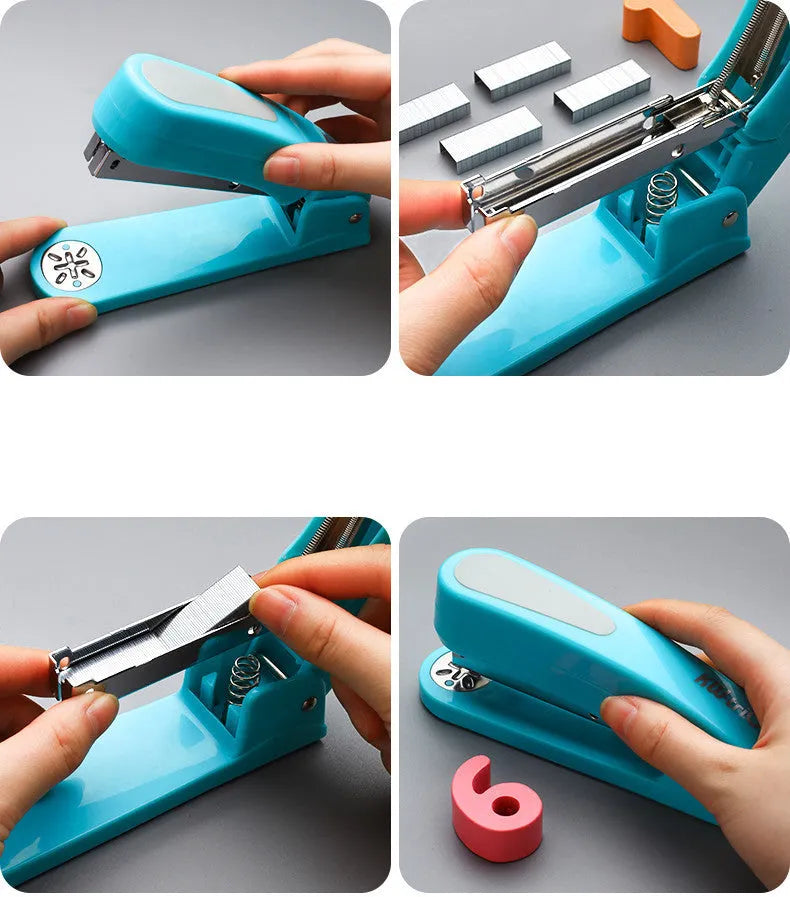 360-degree rotatable desktop stapler shown in dark blue, demonstrating its rotating head and metal nail outlet.