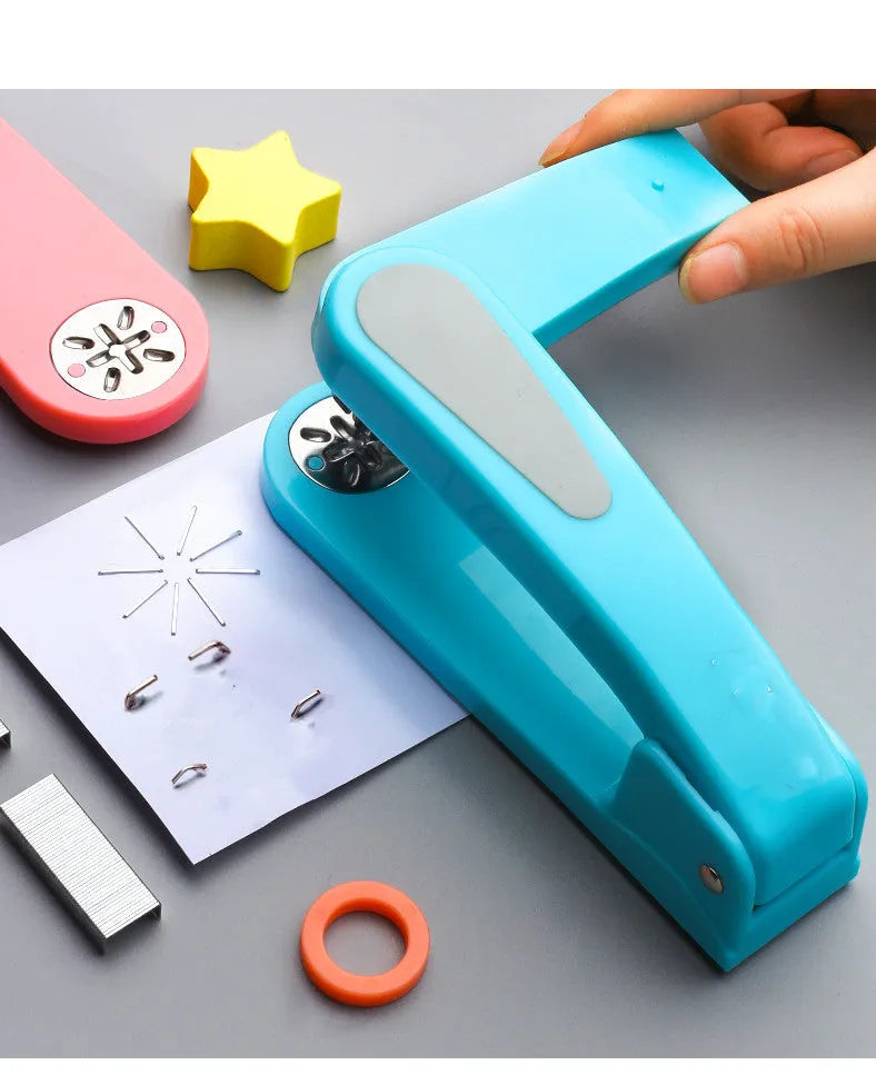 360-degree rotatable desktop stapler shown in dark blue, demonstrating its rotating head and metal nail outlet.