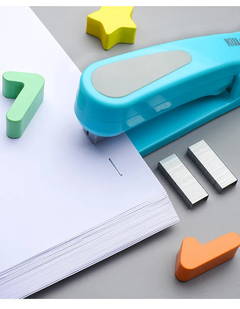360-degree rotatable desktop stapler shown in dark blue, demonstrating its rotating head and metal nail outlet.