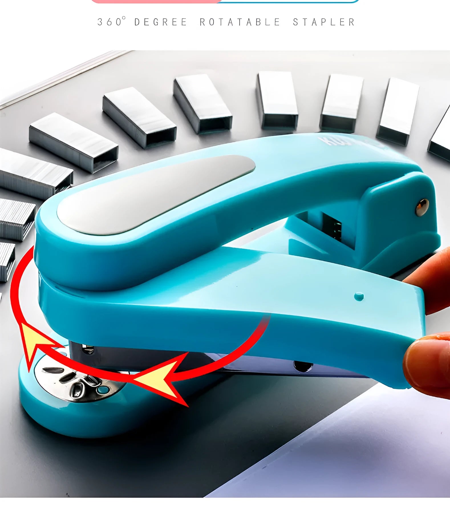 360-degree rotatable desktop stapler shown in dark blue, demonstrating its rotating head and metal nail outlet.