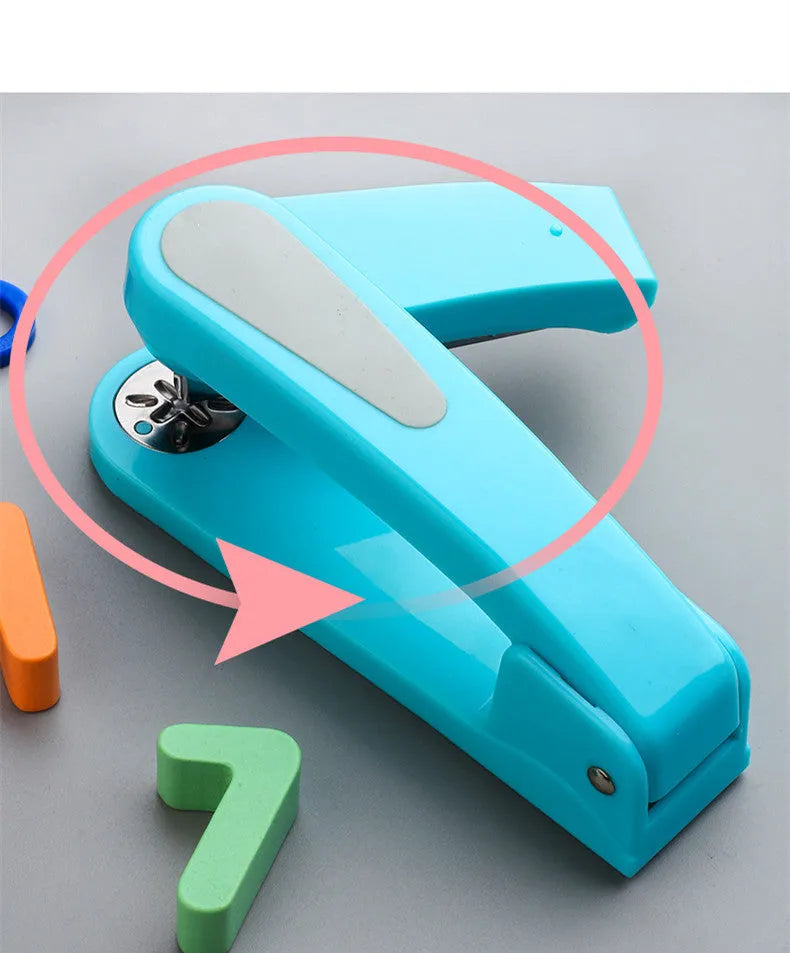 360-degree rotatable desktop stapler shown in dark blue, demonstrating its rotating head and metal nail outlet.