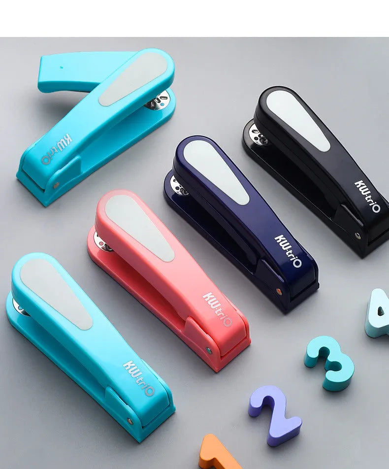 360-degree rotatable desktop stapler shown in dark blue, demonstrating its rotating head and metal nail outlet.