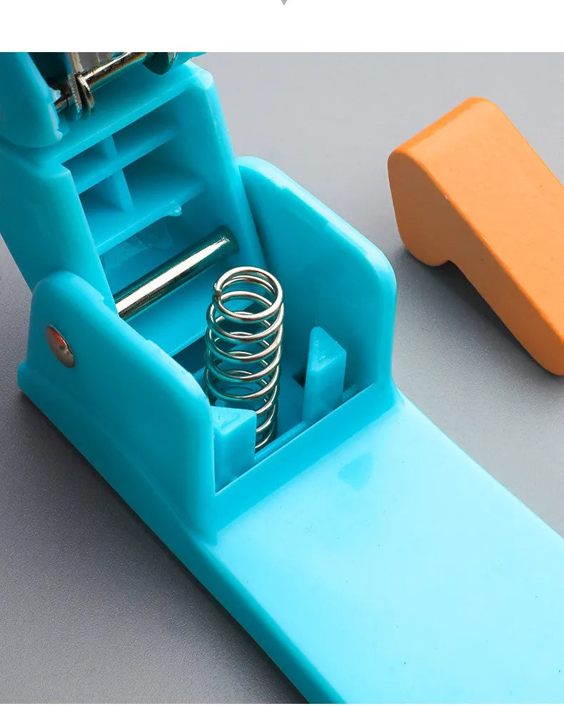 360-degree rotatable desktop stapler shown in dark blue, demonstrating its rotating head and metal nail outlet.