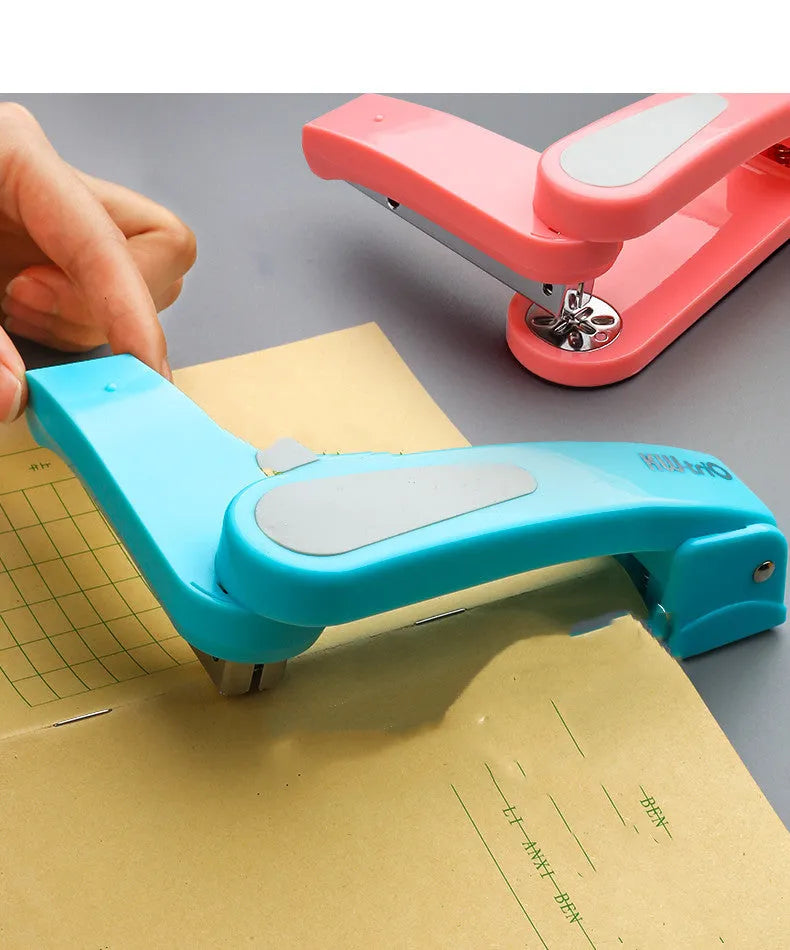 360-degree rotatable desktop stapler shown in dark blue, demonstrating its rotating head and metal nail outlet.