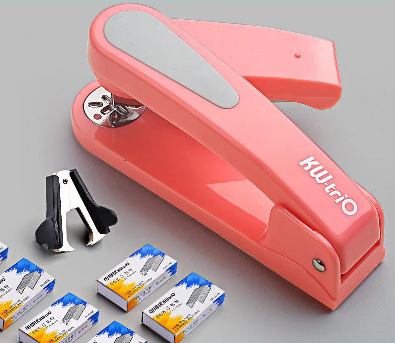 360-degree rotatable desktop stapler shown in dark blue, demonstrating its rotating head and metal nail outlet.