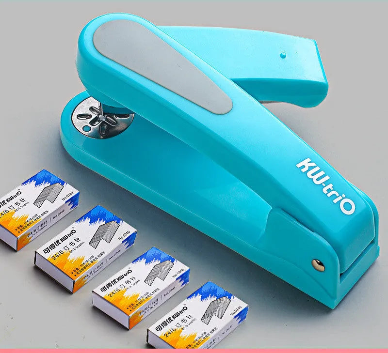 360-degree rotatable desktop stapler shown in dark blue, demonstrating its rotating head and metal nail outlet.
