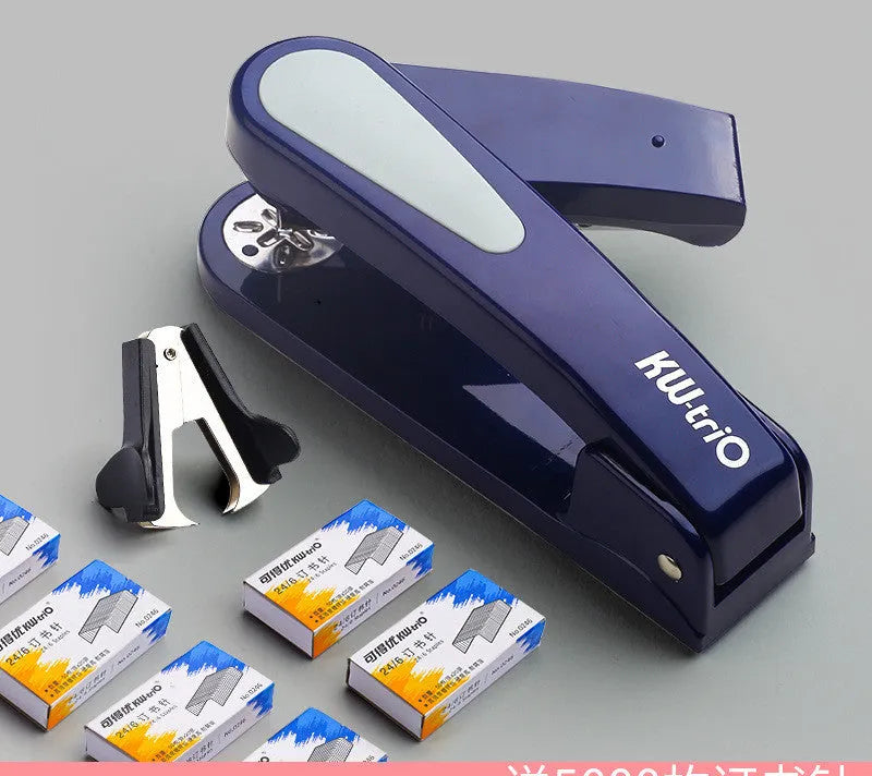 360-degree rotatable desktop stapler shown in dark blue, demonstrating its rotating head and metal nail outlet.