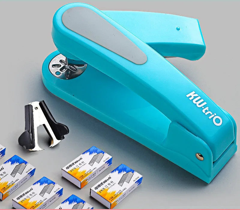 360-degree rotatable desktop stapler shown in dark blue, demonstrating its rotating head and metal nail outlet.