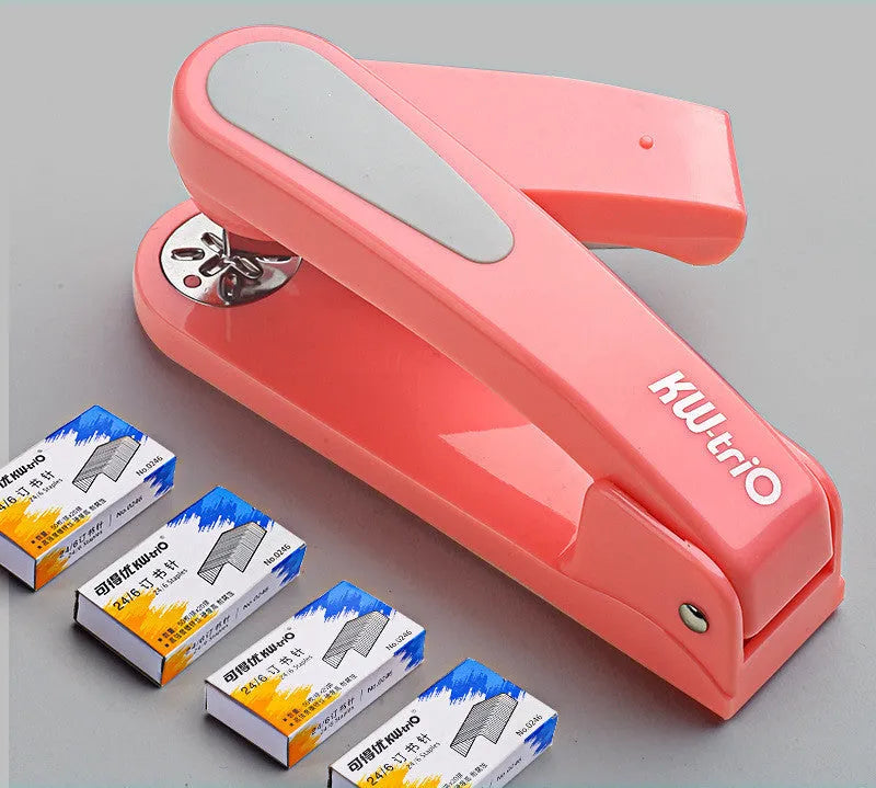 360-degree rotatable desktop stapler shown in dark blue, demonstrating its rotating head and metal nail outlet.