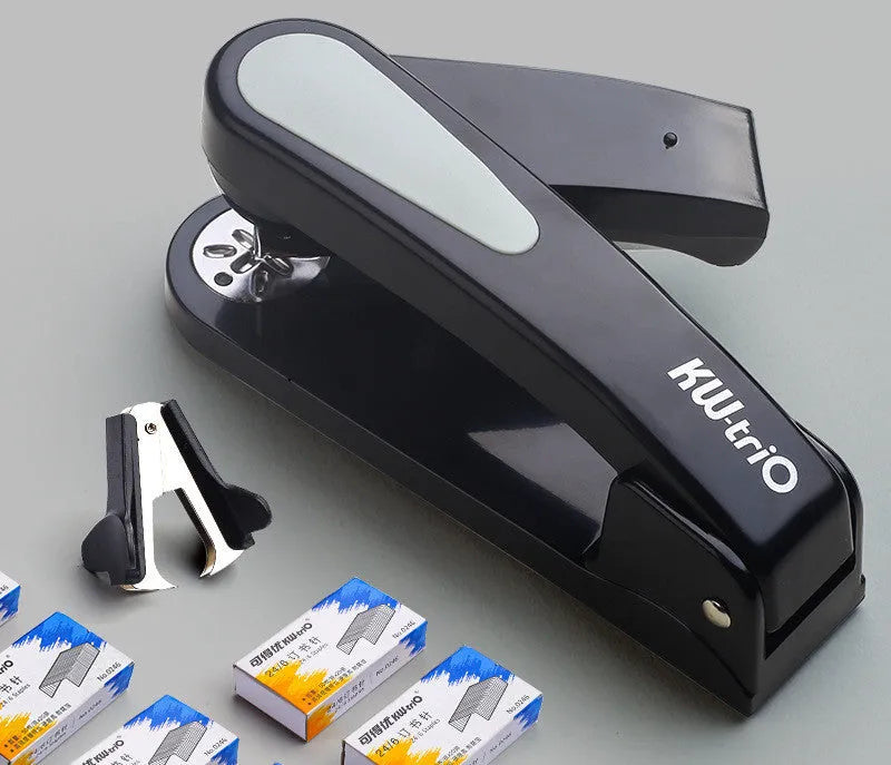 360-degree rotatable desktop stapler shown in dark blue, demonstrating its rotating head and metal nail outlet.