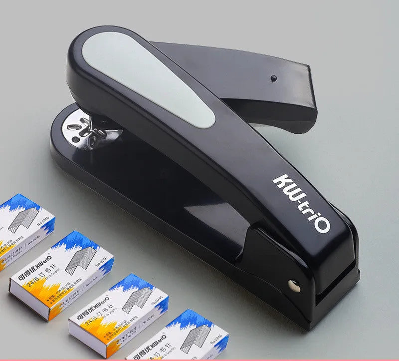 360-degree rotatable desktop stapler shown in dark blue, demonstrating its rotating head and metal nail outlet.