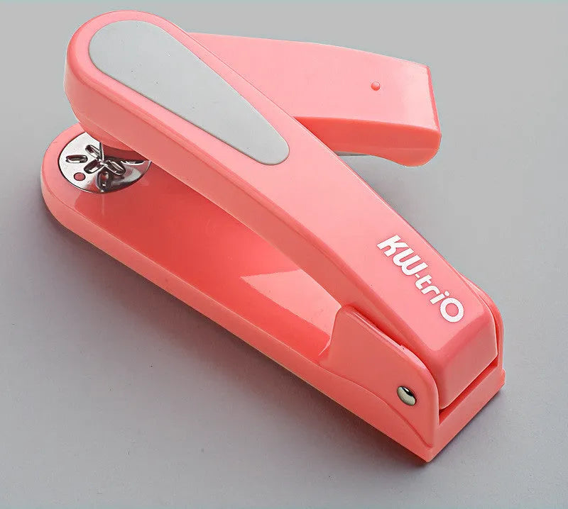 360-degree rotatable desktop stapler shown in dark blue, demonstrating its rotating head and metal nail outlet.
