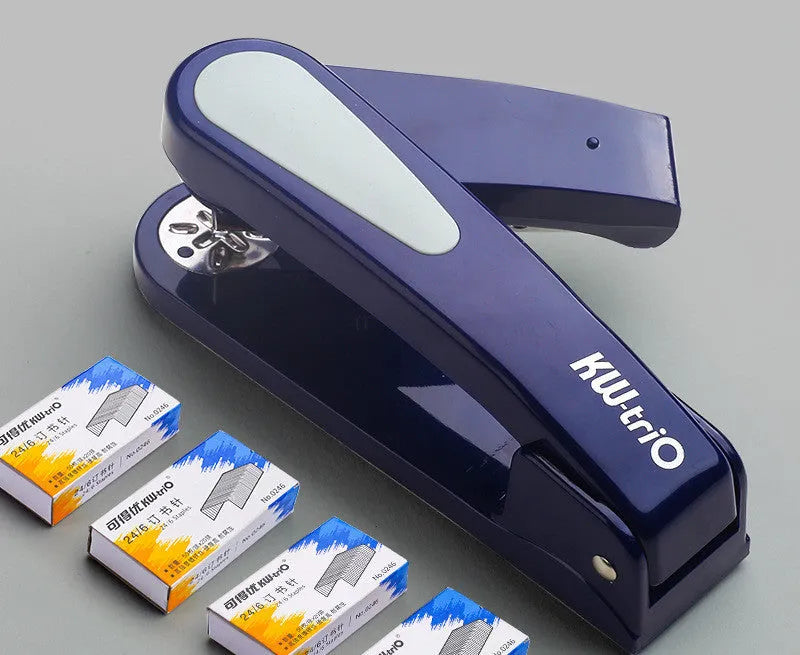 360-degree rotatable desktop stapler shown in dark blue, demonstrating its rotating head and metal nail outlet.