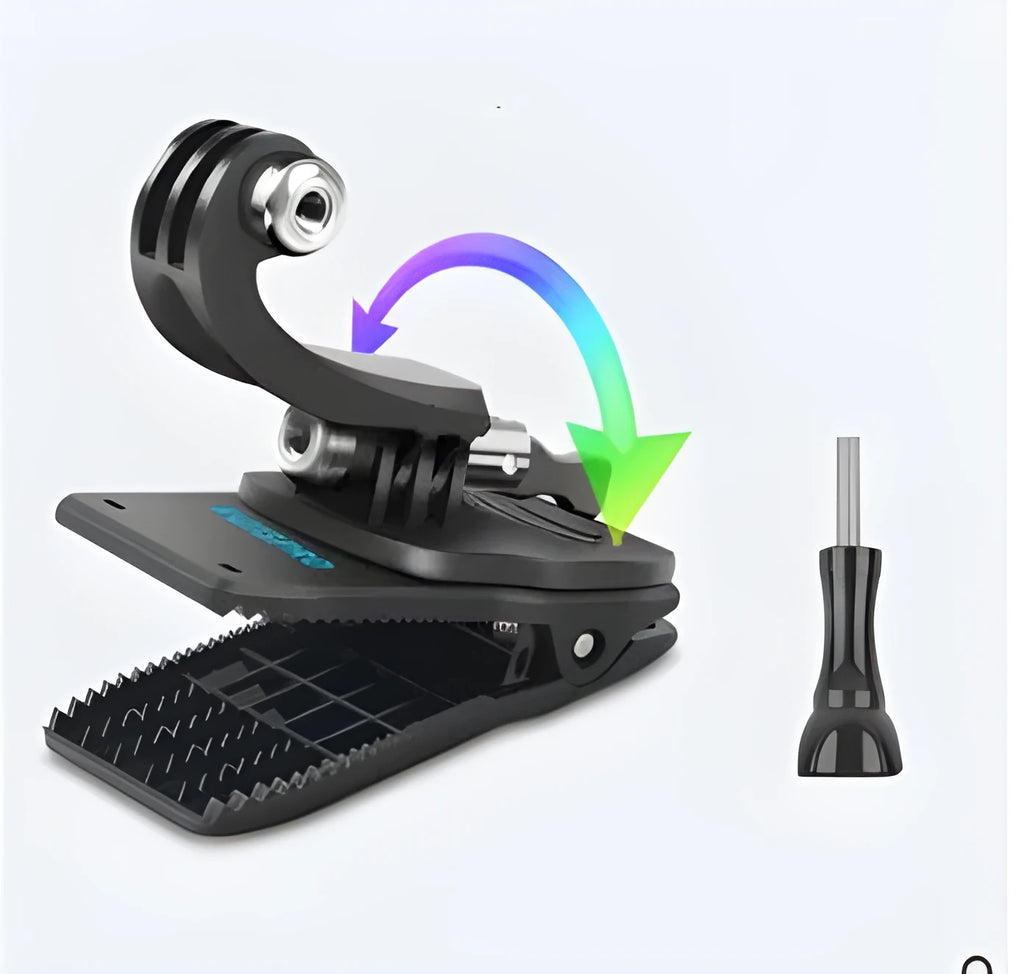 Black 360-degree rotating aluminium and ABS backpack clip mount for GoPro and action cameras.