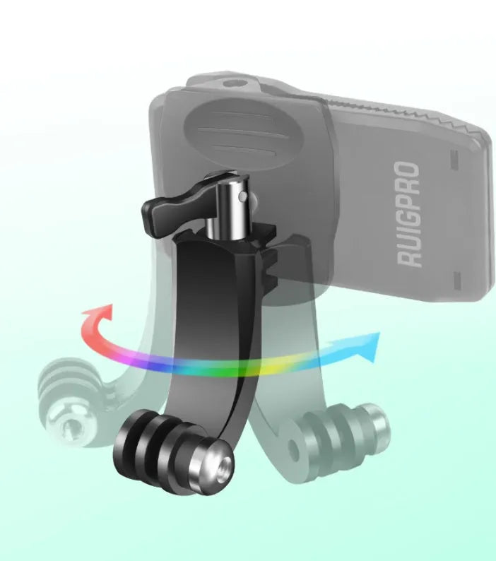 Black 360-degree rotating aluminium and ABS backpack clip mount for GoPro and action cameras.