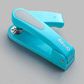 360-degree rotatable desktop stapler shown in dark blue, demonstrating its rotating head and metal nail outlet.