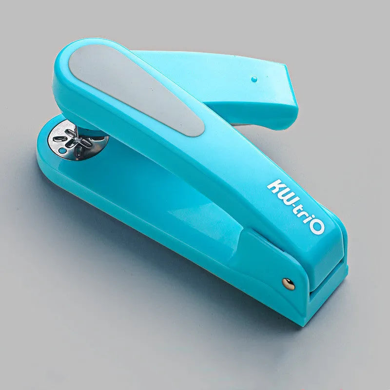360-degree rotatable desktop stapler shown in dark blue, demonstrating its rotating head and metal nail outlet.
