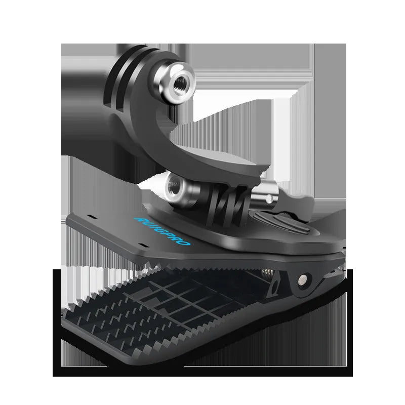 Black 360-degree rotating aluminium and ABS backpack clip mount for GoPro and action cameras.