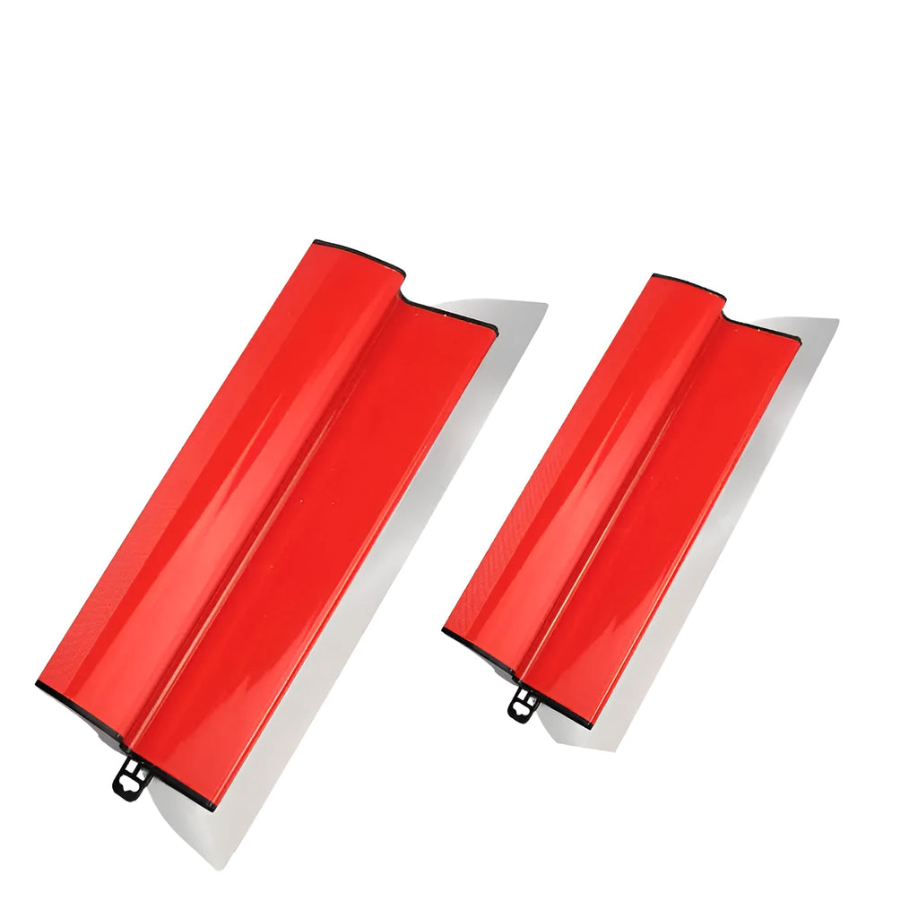 Red-handled 40cm stainless steel leveling scraper for wall putty and wallpaper paste.