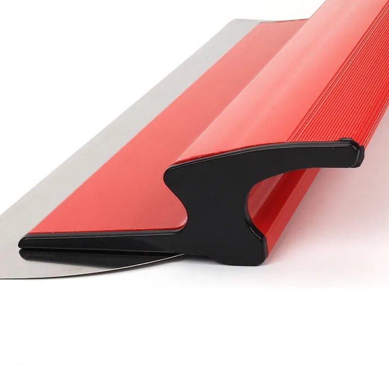 Red-handled 40cm stainless steel leveling scraper for wall putty and wallpaper paste.