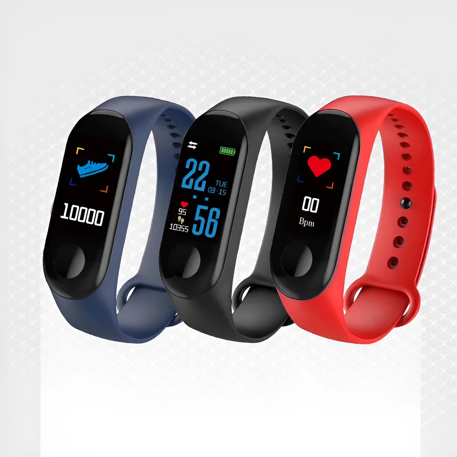 M3 Smart Bracelet with colour screen shown on a wrist, displaying heart rate data.