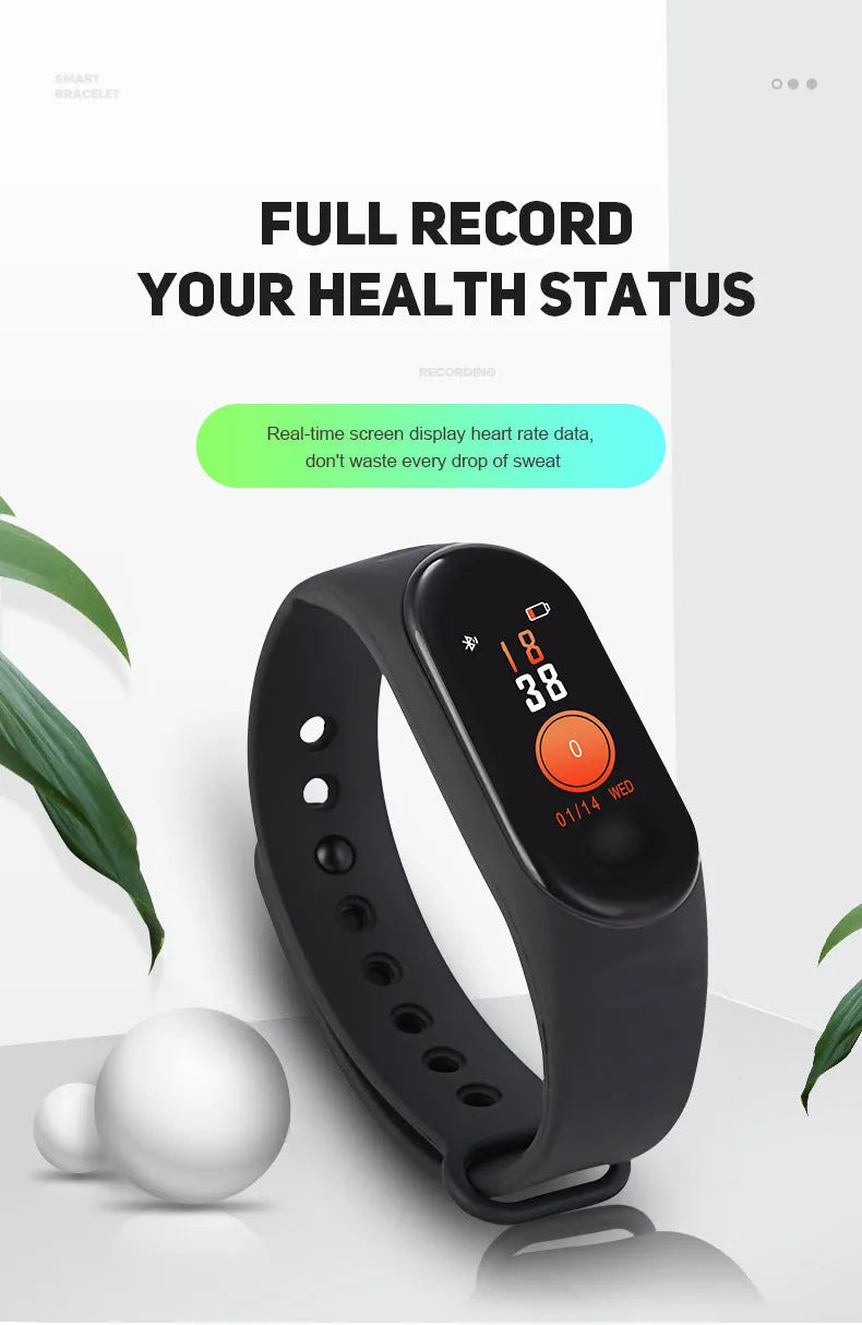 M3 Smart Bracelet with colour screen shown on a wrist, displaying heart rate data.