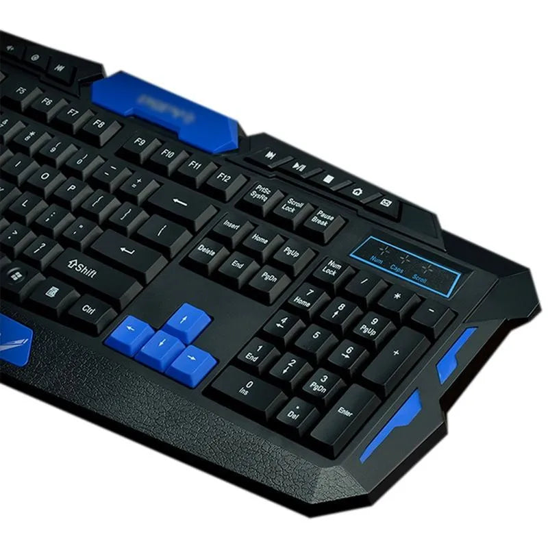 Blue and black wireless keyboard and mouse set on a desktop