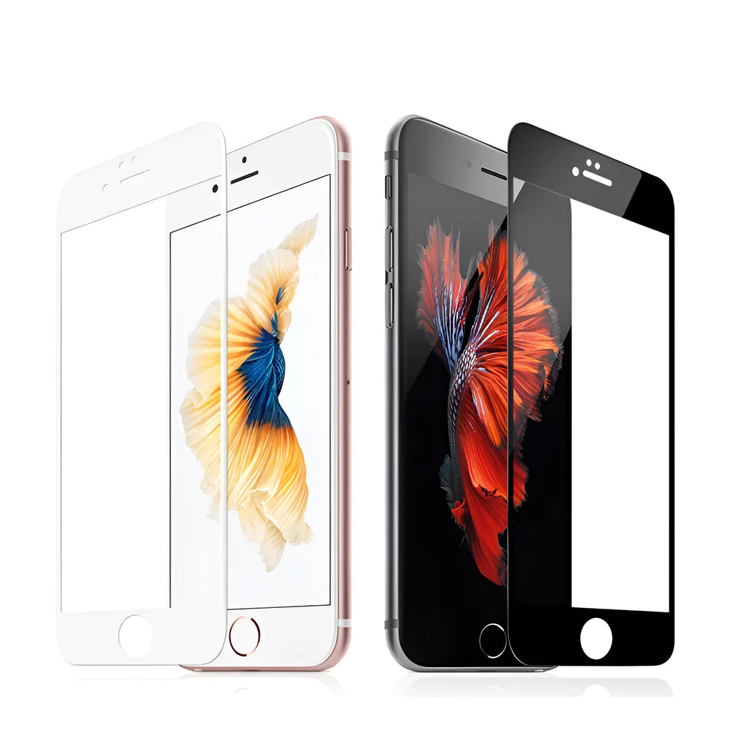 Three-pack of hard edge tempered glass screen protectors for iPhone, shown in black and white HD anti-fingerprint finish.