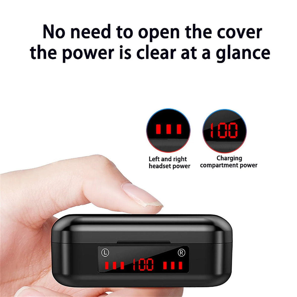 Bluetooth 5.0 wireless headset with LED button display and three silicone ear cap sizes