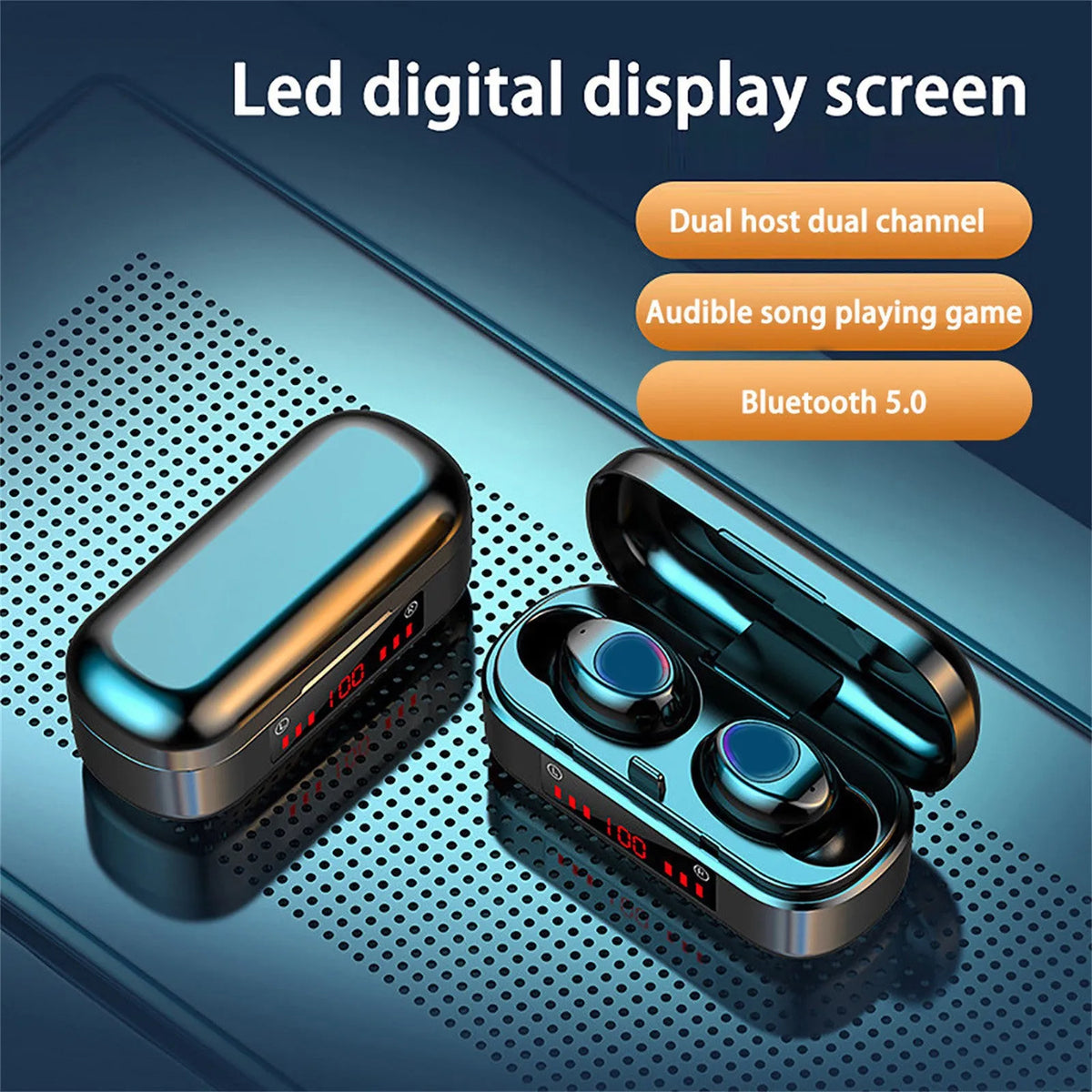 Bluetooth 5.0 wireless headset with LED button display and three silicone ear cap sizes