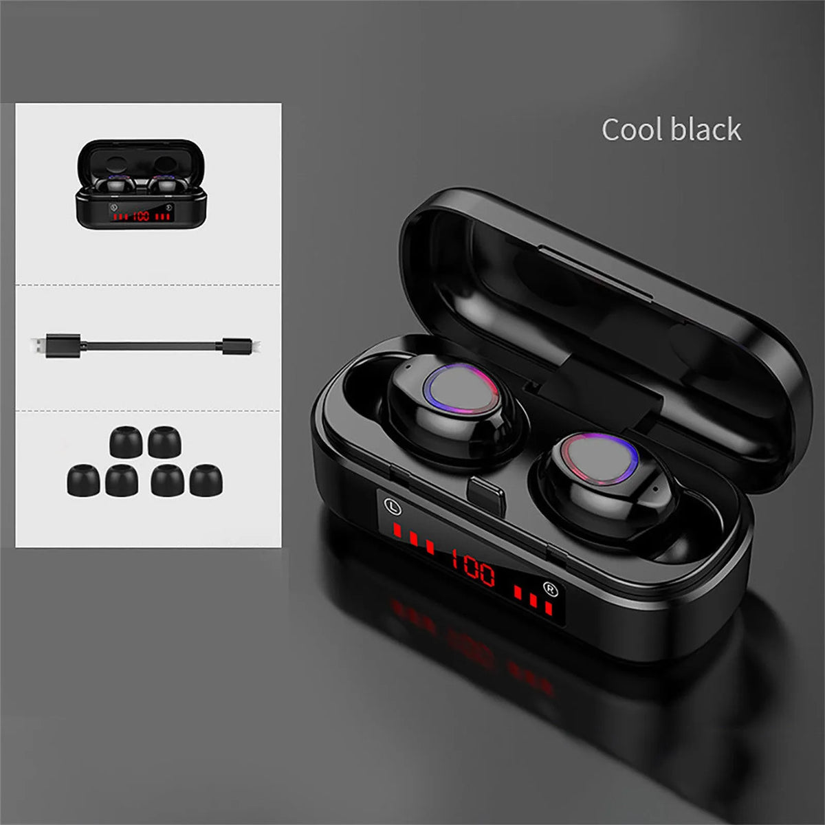 Bluetooth 5.0 wireless headset with LED button display and three silicone ear cap sizes
