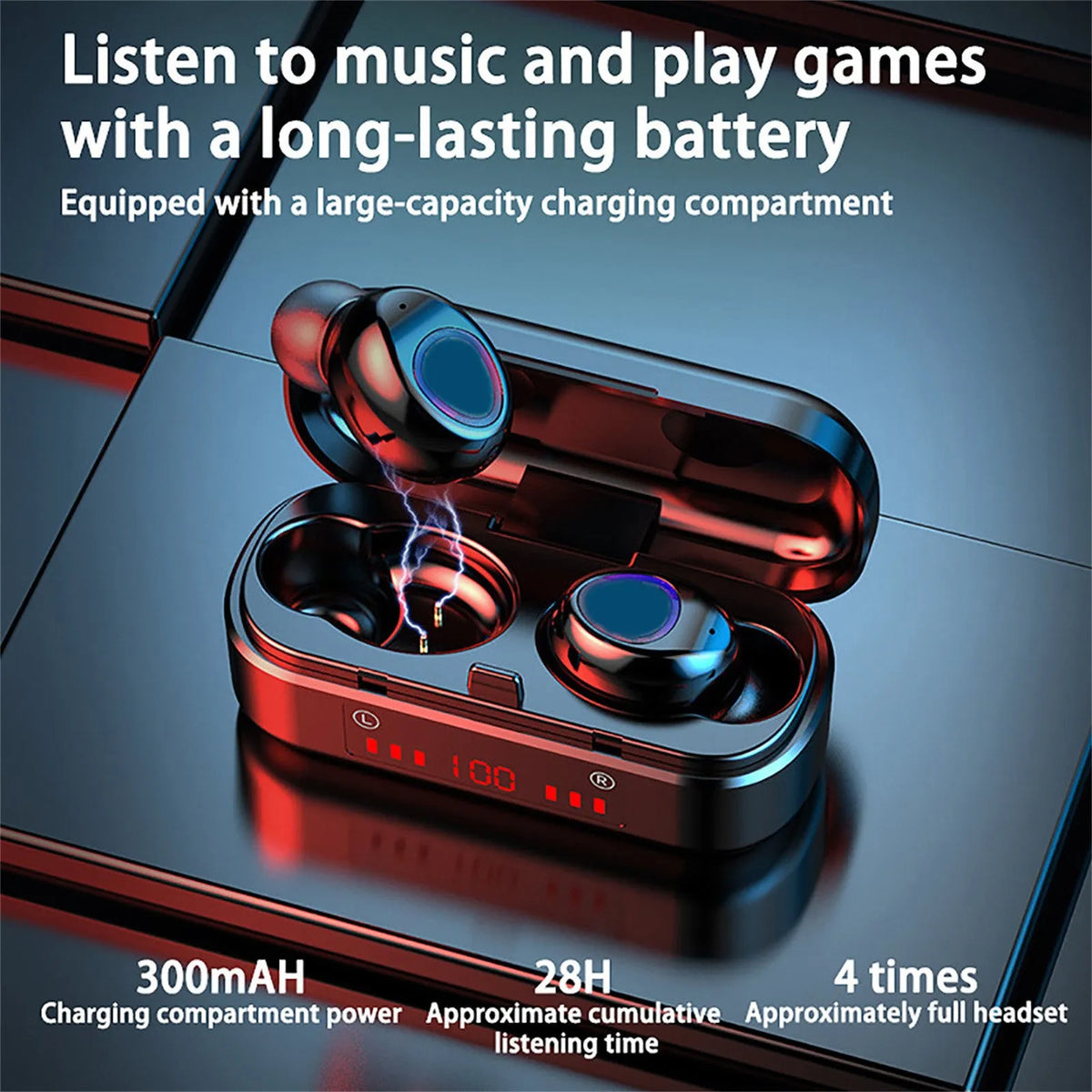 Bluetooth 5.0 wireless headset with LED button display and three silicone ear cap sizes