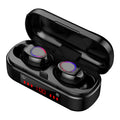 Bluetooth 5.0 wireless headset with LED button display and three silicone ear cap sizes