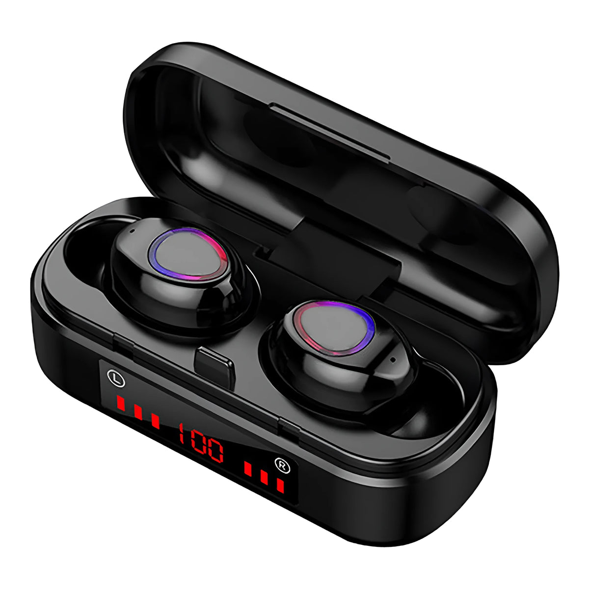 Bluetooth 5.0 wireless headset with LED button display and three silicone ear cap sizes