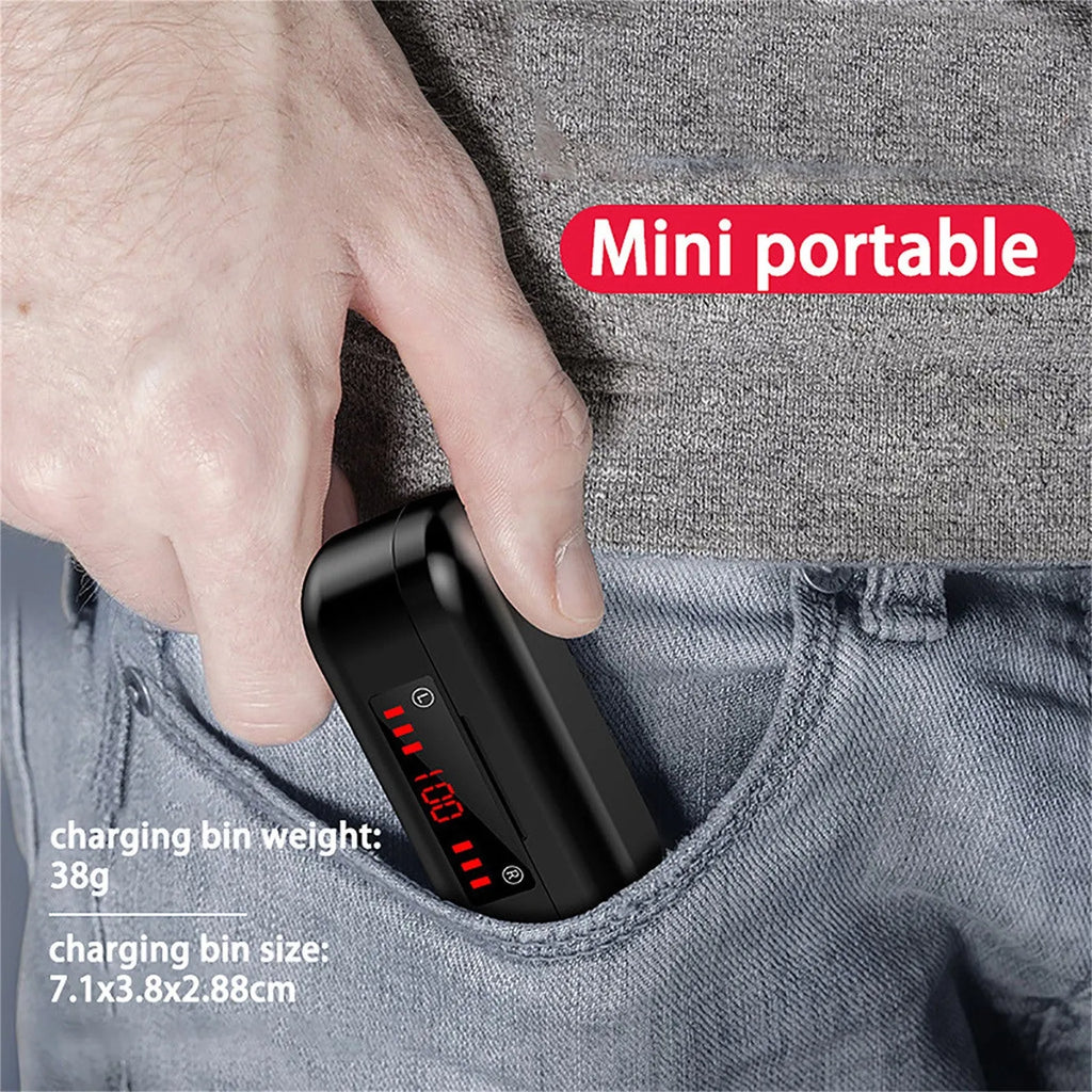 Bluetooth 5.0 wireless headset with LED button display and three silicone ear cap sizes