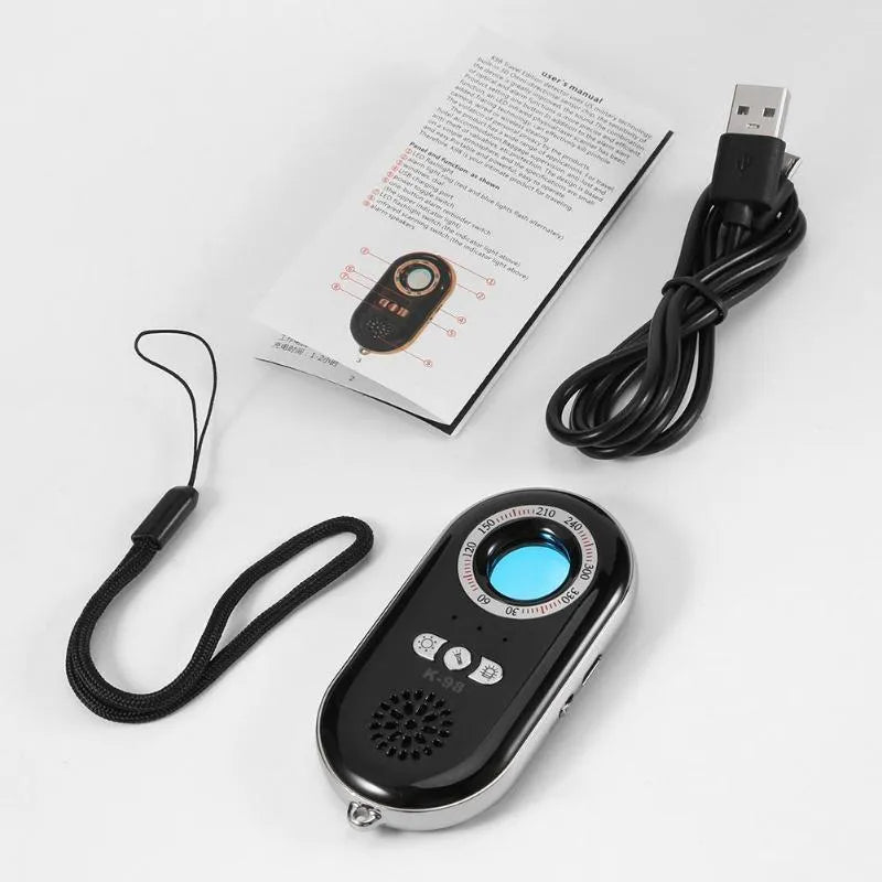 Wireless signal detector for travel security with vibration alarm and hidden camera detection