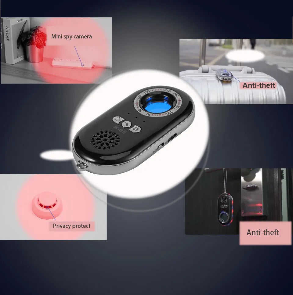 Wireless signal detector for travel security with vibration alarm and hidden camera detection