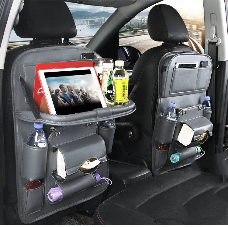 PU leather car storage hanging bag with multiple pockets, shown in a choice of colours including black and beige.