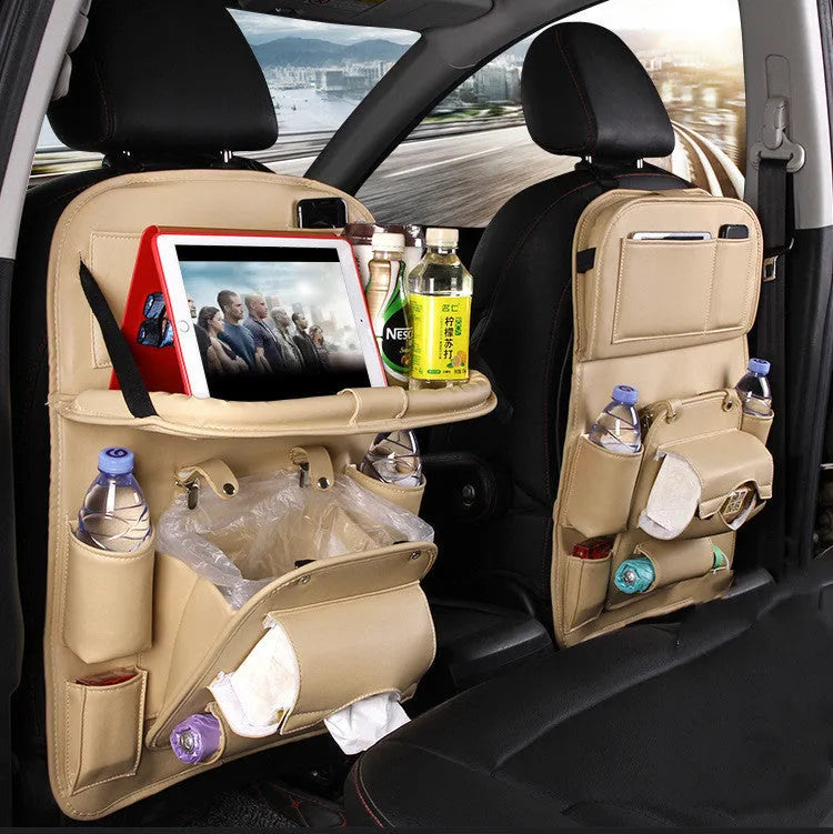 PU leather car storage hanging bag with multiple pockets, shown in a choice of colours including black and beige.