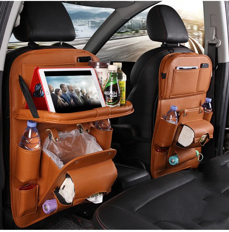PU leather car storage hanging bag with multiple pockets, shown in a choice of colours including black and beige.