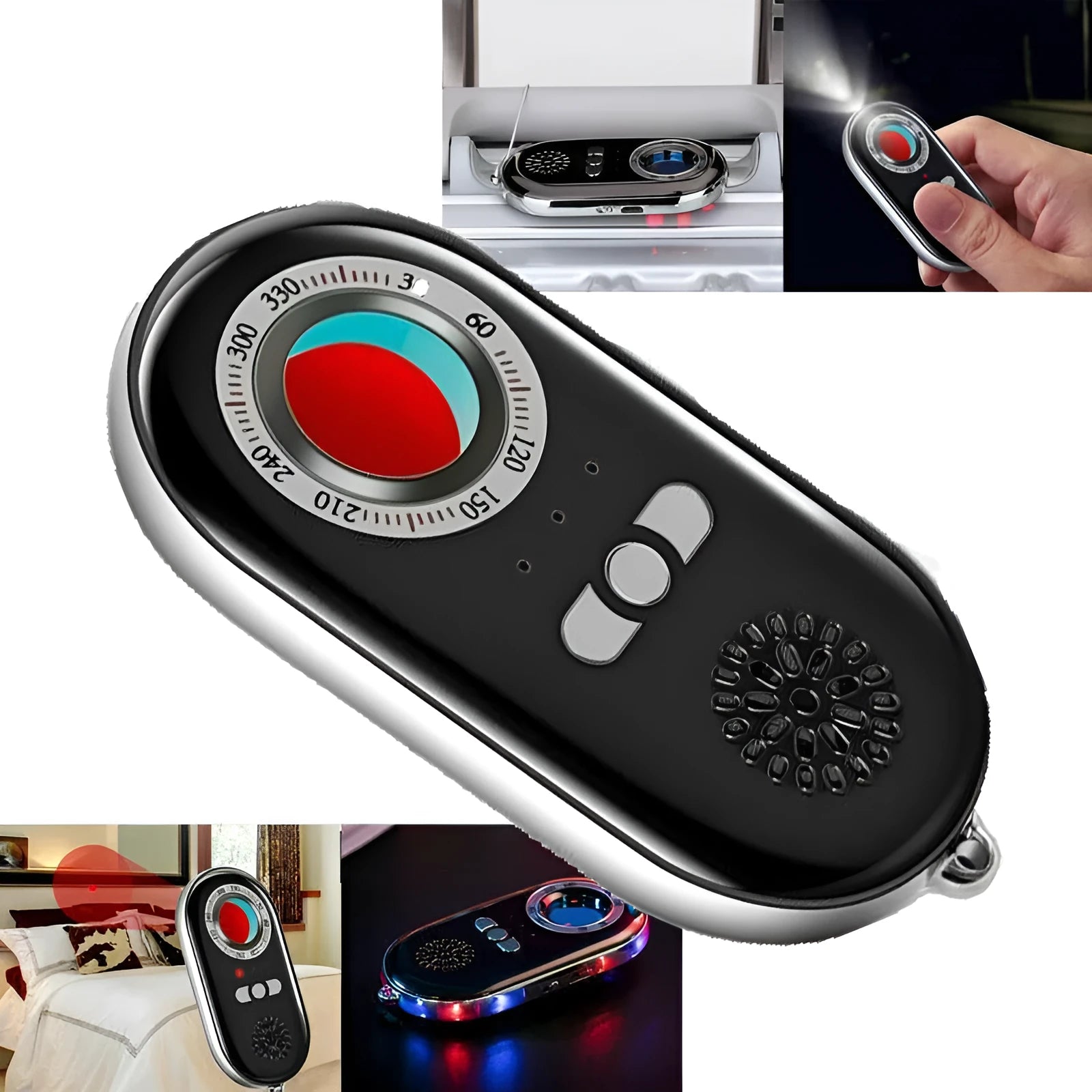 Wireless signal detector for travel security with vibration alarm and hidden camera detection