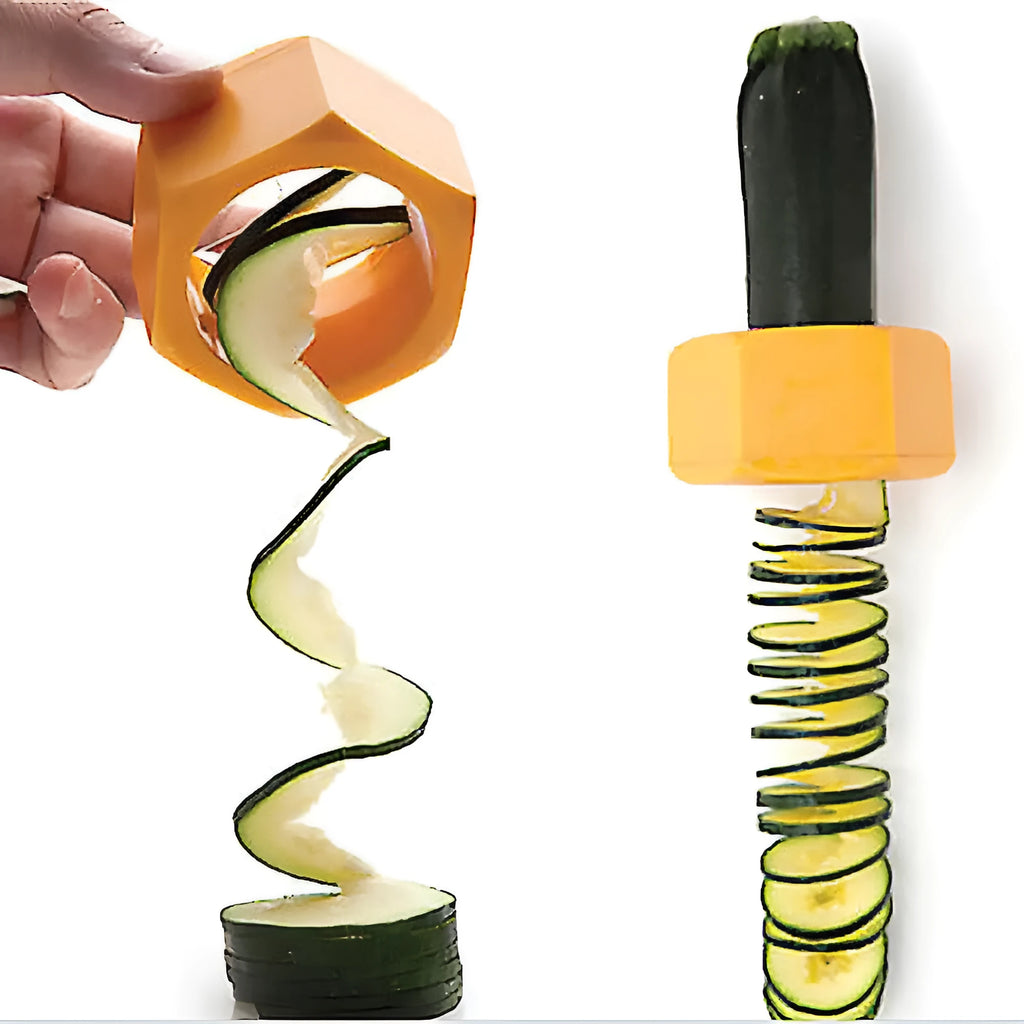Yellow and green plastic spiral knife vegetable cutter for slicing cucumbers, 8 cm diameter.