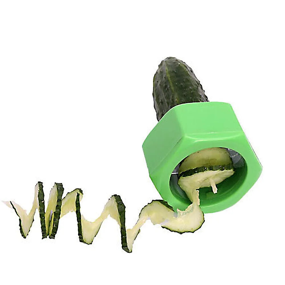 Yellow and green plastic spiral knife vegetable cutter for slicing cucumbers, 8 cm diameter.