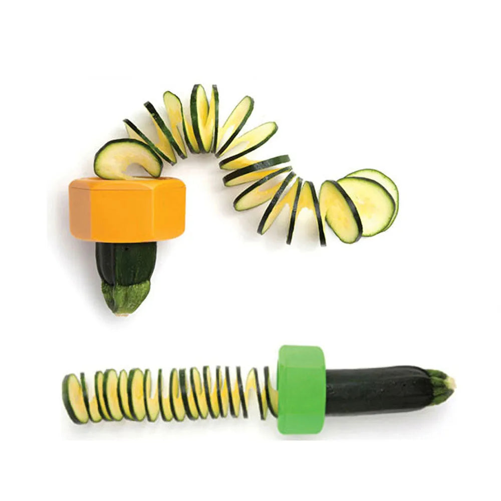 Yellow and green plastic spiral knife vegetable cutter for slicing cucumbers, 8 cm diameter.