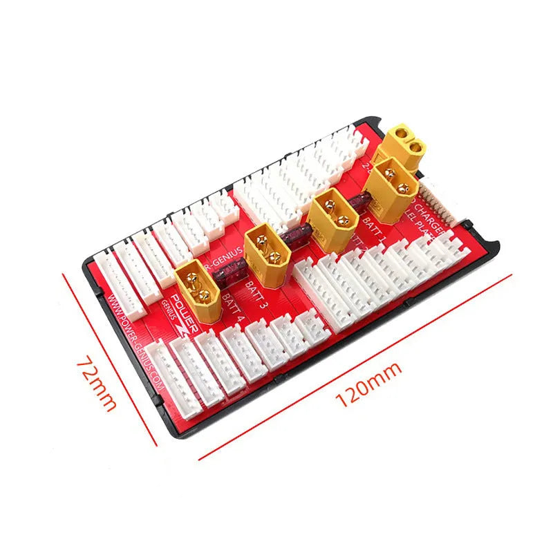 V2 parallel charging board with gold connectors and silicone wire for charging four LiPo battery packs