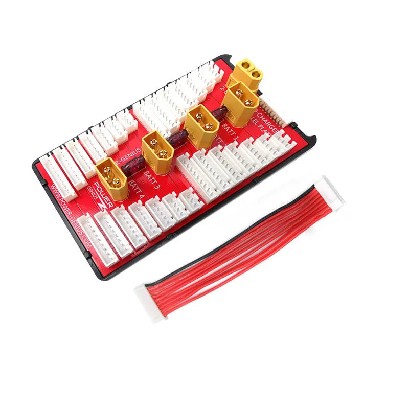 V2 parallel charging board with gold connectors and silicone wire for charging four LiPo battery packs