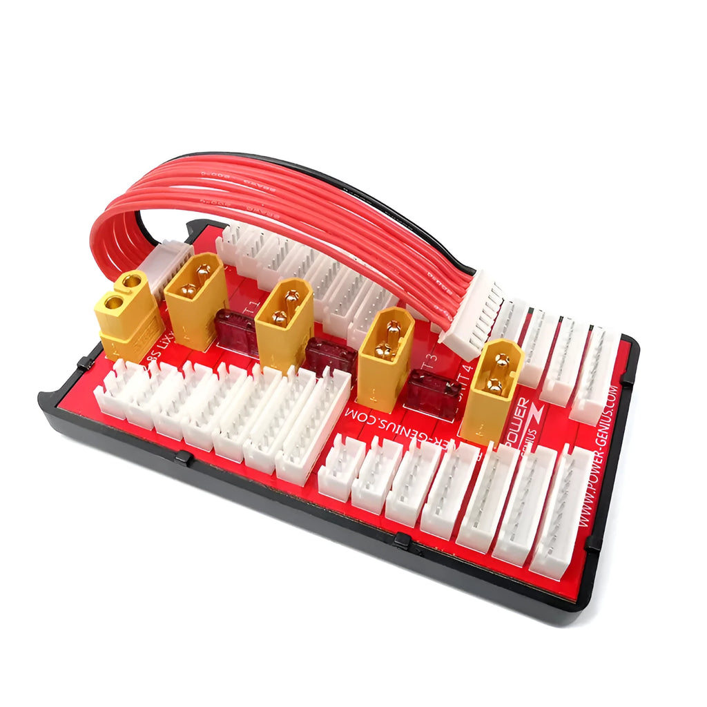 V2 parallel charging board with gold connectors and silicone wire for charging four LiPo battery packs